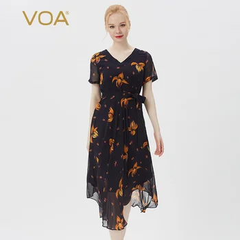 

VOA Silk Blue Background Printed Peach Collar Bow Tie-Waist Mix Material Stitching Short Sleeve Level Pendulum Dress AJ12