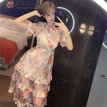 

EDGLuLu Women 2020 Summer Sexy See Through Tulle V-neck Floral Print Dress Boho Beach Cascading Ruffle Dresses Vestidos 0504