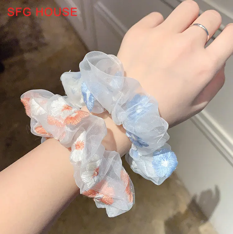 Blue Pink Hair Ring Summer Daisy Floral Thin Mesh Embroidery Scrunchies Ties Rubber Band Accessories Ponytail Holder |