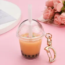 Mini Drink portachiavi decompressione gioielli simulazione perla latte tè acrilico portachiavi personalità luna fibbia portachiavi con paglia