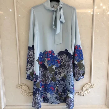 

2020 Women Dress Tie Neck Long Sleeve 100% Silk Vestidos Women Floral Print Elegant Dress Femme