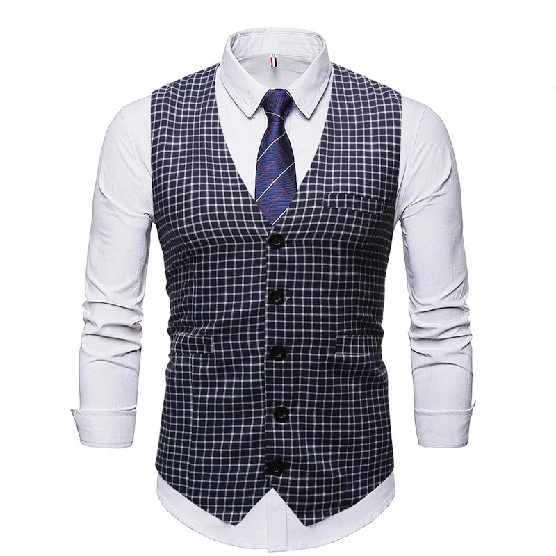 ZUSIGEL 2019 New Slim Fit Plaid Men Suit Vest Sleeveless Print Wedding Waistcoat Men Single Breasted Casual Mens Vest