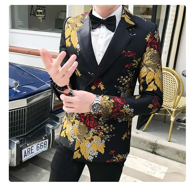 Цветочный мужской блейзер с золотыми тюльпанами, принт, повседневный Блейзер мужские костюмы, пиджак джентльмен, Свадебный, приталенный, модное пальто