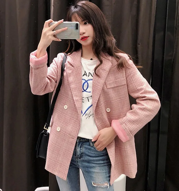 

CHIC Plaid Suit Jacket Women's Korean-style Loose-Fit Versatile Students INS Casual Hong wei wang Red Suit Fashion