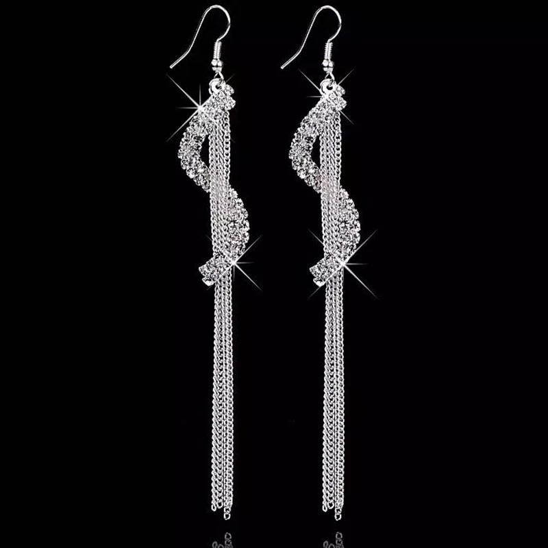 Новые серьги подвески с цепочкой и кристаллами в форме S женские длинные