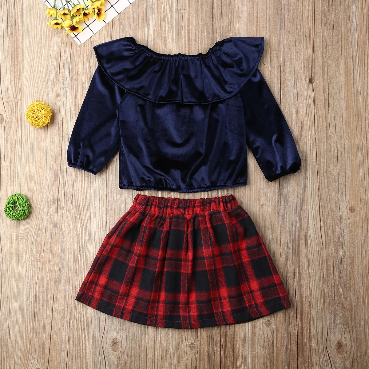 2-7Y модная детская одежда для маленьких девочек; комплекты одежды; синие бархатные топы с длинными рукавами; клетчатые юбки; осенне-зимняя одежда