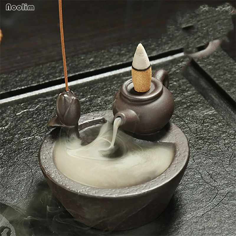 Ceramic Teapot Waterfall Backflow Smoke Handcraft Incense Holder Burner Z6D6 