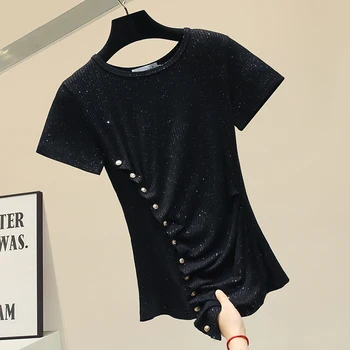 

Bodycon Knitted Tshirt Women 2020 Spring New Slim Bright Silk Knitted Short Sleeve Round Neck T-shirt Female Ins Super Fashion T