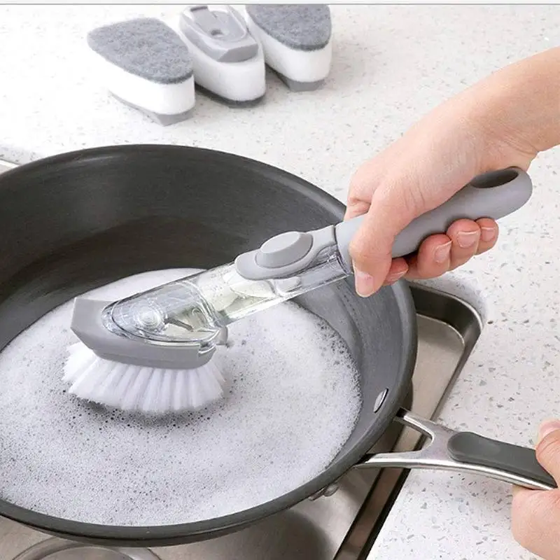 4 in 1 Long Handle Cleaning Brush Set with 3 Removable Brush head Sponge Soap Dispenser Dish Washing Brush Kitchen Clean Tools