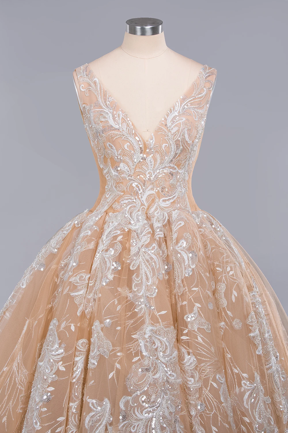 Robe Mariage Роскошные кружевные свадебные платья с блестками 2019 аппликации без рукавов с открытой спиной v-образный вырез Свадебное бальное