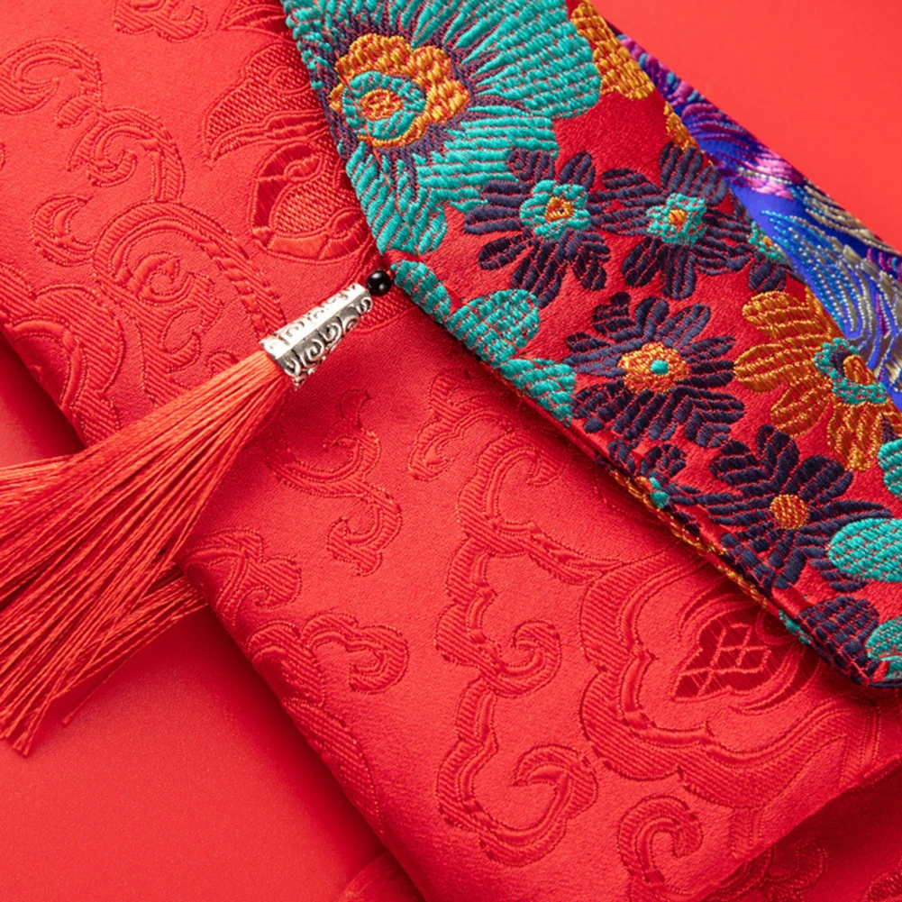 Кисточкой китайский стиль Ткань Цветочный красный конверт карман год пакет мешок денег