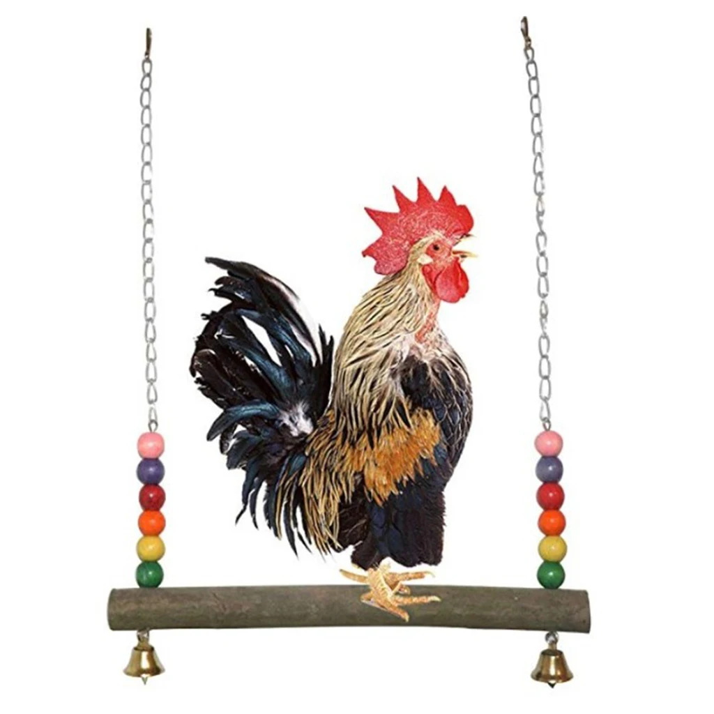 Chicken Swing Wooden Chicken Toys Bird Chicken Stand Perch Chewing Toy with Bells for Bird Parrot Pet Trainning Bird Cage Toys