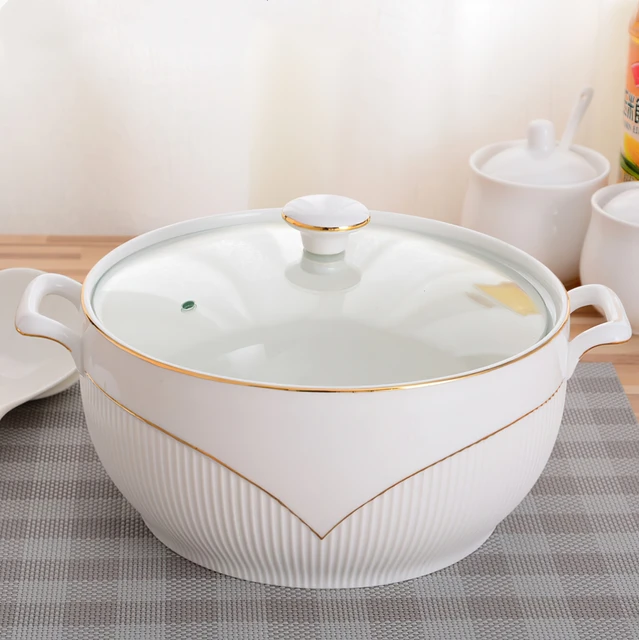 Ceramic Soup Pot  White Round Nordic Phnom Penh 2.6L Large Bowl with Lid Cooking Utensils Household Kitchen Supplies Tableware Gold glass cover