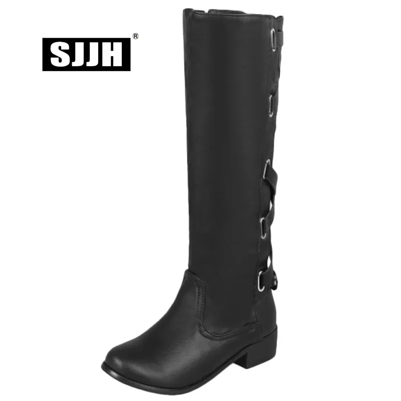 

SJJH Women Knee-High Long Boots with Round Toe Block Heel Short Plush Comfort Footwear Fashion Casual Shoes D762