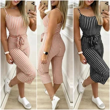 

Spring Summer Women Fashion Spaghetti Strap Elegant Bodycon Jumpsuit Striped Sleeveless Skinny Onesie With Belt