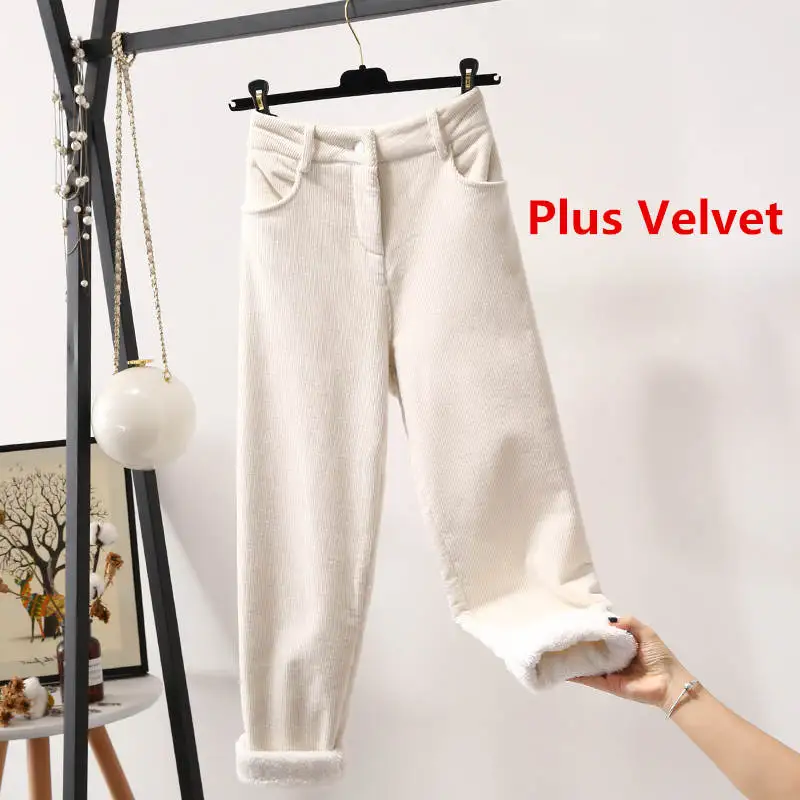 white plus velvet Теплые вельветовые брюки женские плюс бархатные толстые шаровары повседневные Прямые осенние зимние брюки белые вельветовые брюки женские C6010 - Цвет: white plus velvet