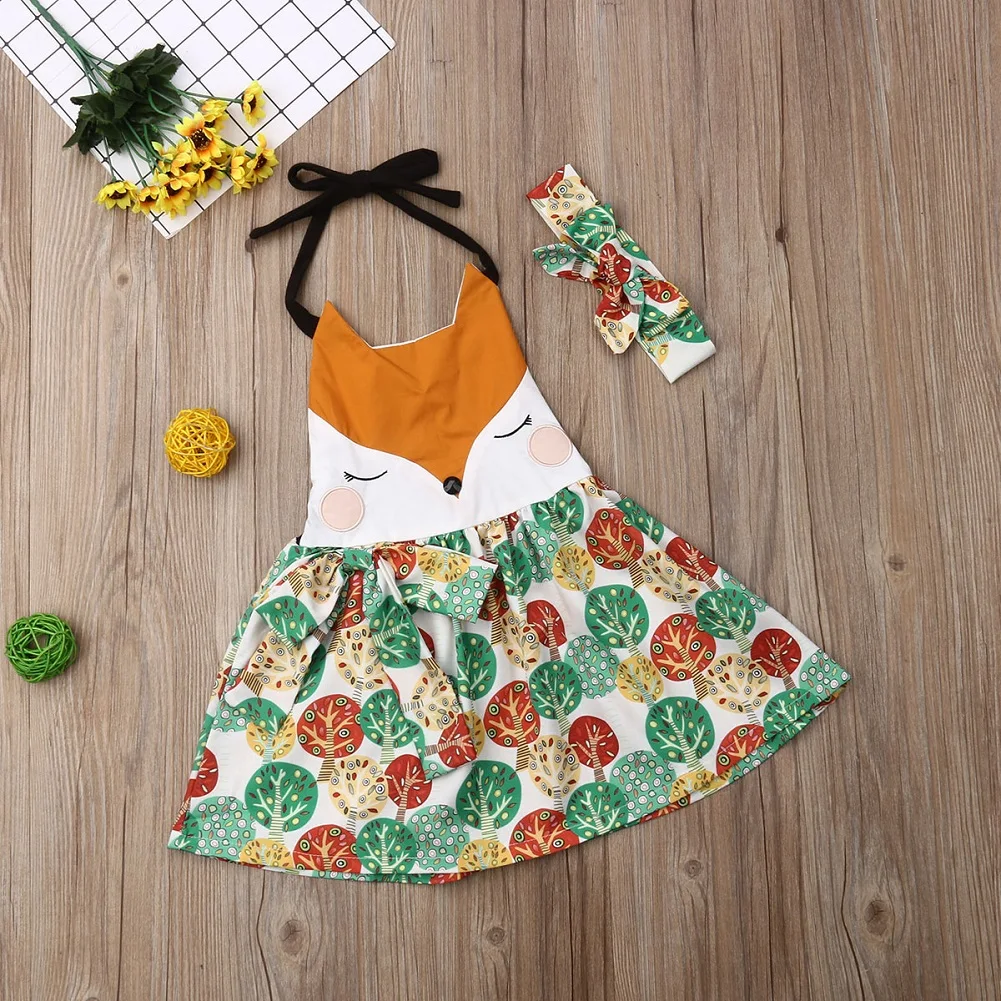 Imcute, милая одежда с рисунком лисы для маленьких девочек, короткое платье без рукавов, летний сарафан, повязка на голову