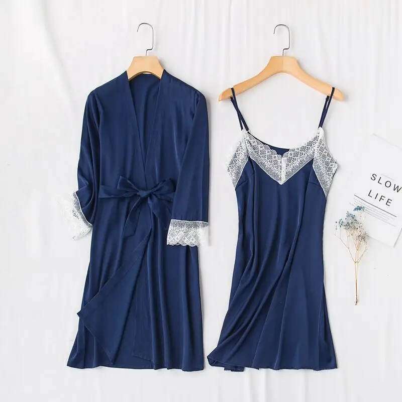 Sexy Womens Robe & Gown Sets Lace Bathrobe + Nightdress 2 Two Pieces Sleepwear Womens Sleep Set Faux Silk Robe Femme Lingerie