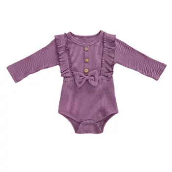 

Toddler’s Spring Autumn Clothes Solid Color Ruffle Long Sleeves Ribbed Rompers with Bowknot for Baby Girl 0-18 Months