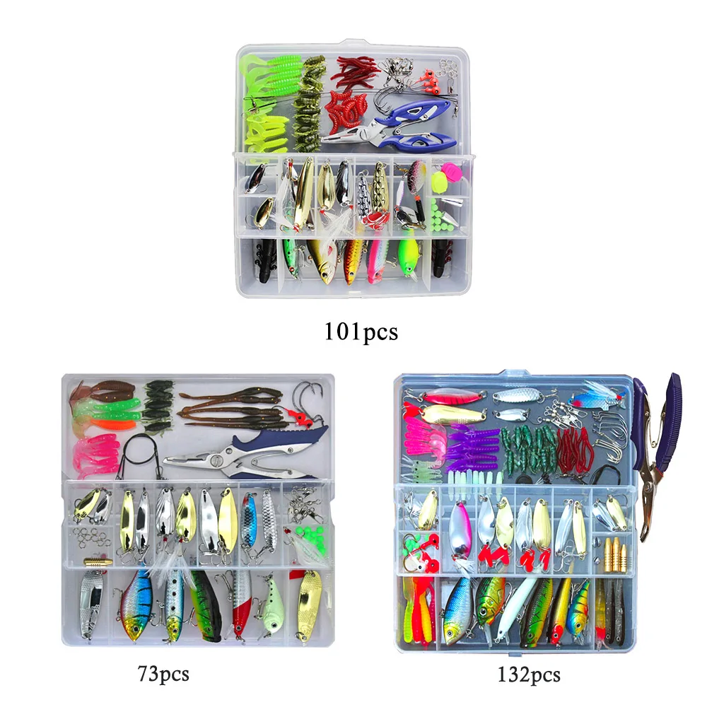

Hot New 73/101/132/232pcs Fishing Lures Set Mixed Minnow/Popper Fish Lure Spinner Spoon Cebo Grip Hook Isca Artificial Bait Kit