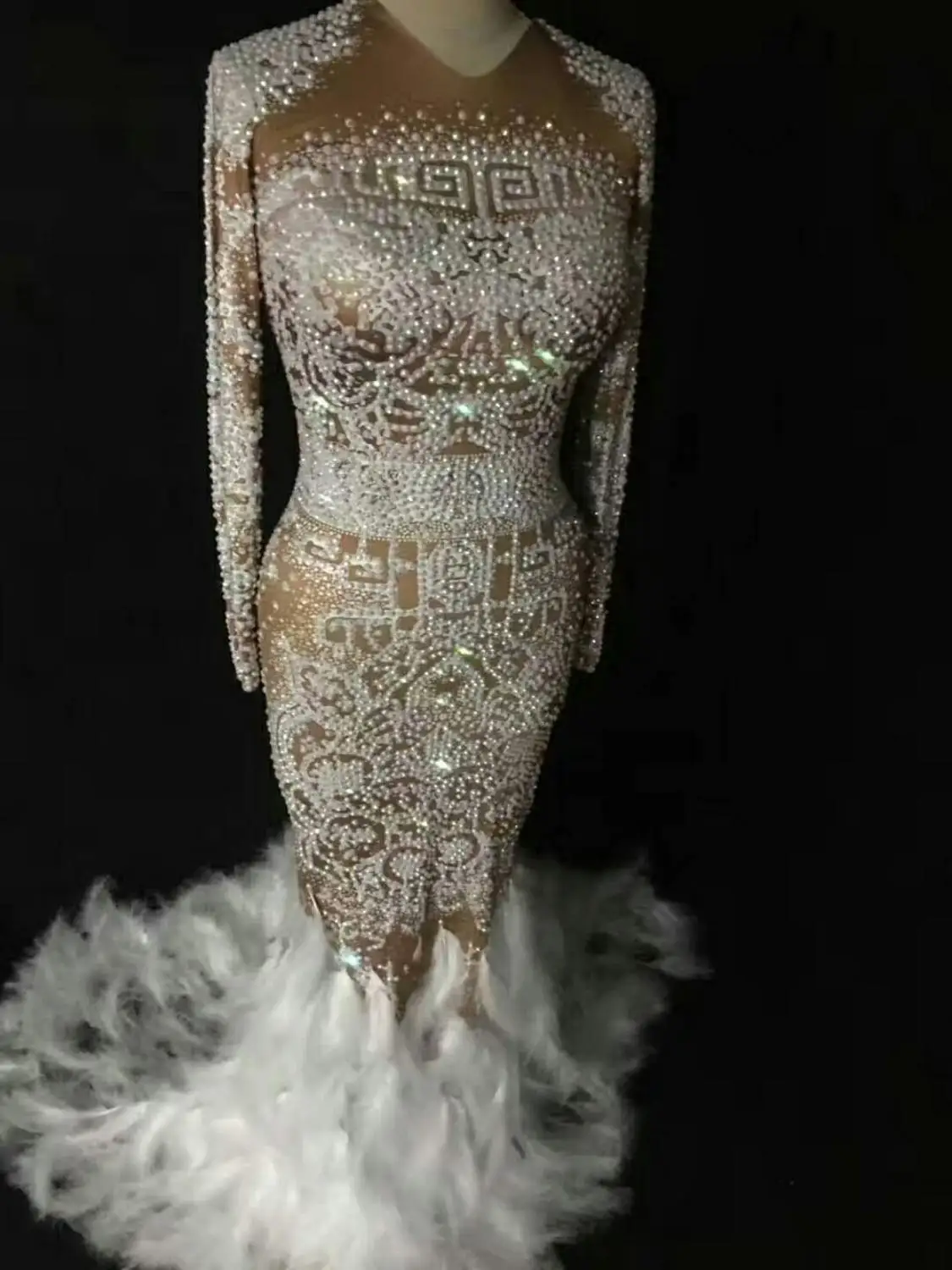 Высокое качество Белый Черный с длинным рукавом Сияющий Кристалл Бисероплетение перо Труба платье вечернее платье костюмы - Цвет: Белый