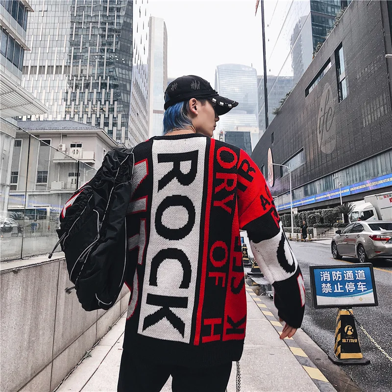 Японский стиль трикотажные мужские свитера Harajuku уличная забавная печать хип хоп пуловеры вязаный черный свитер