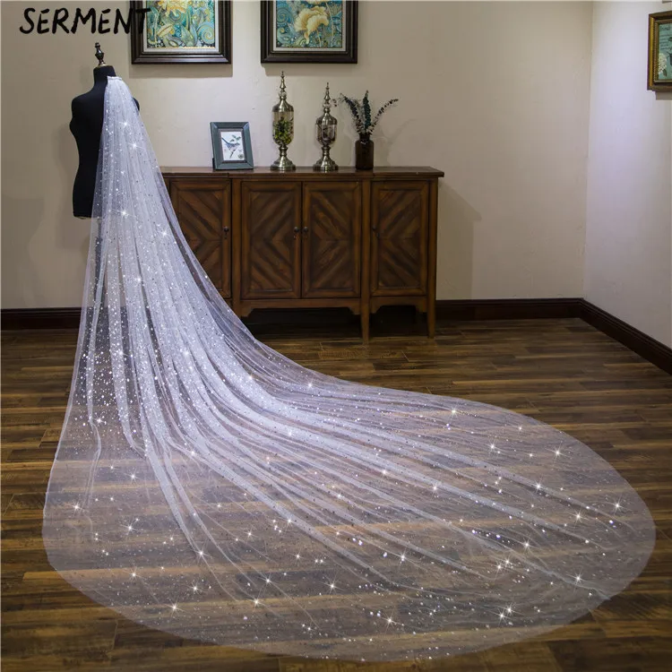 SERMENT New Shiny Piece Bride Wedding Actress Empty Section Trailing One-Layer 400cm Veil Wedding Accessories