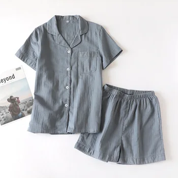 

Unisex Adult Couple Pajamas Cotton Summer Short-sleeve 2 Pcs Grey Pajamas Set Women Button Cardigan Sleepwear Homewear