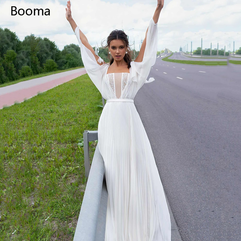 

Booma Modern Beach Wedding Dresses Boho Long Cutout Sleeves Pleated Chiffon Bride Dresses Strapless Beading Lace Wedding Gowns