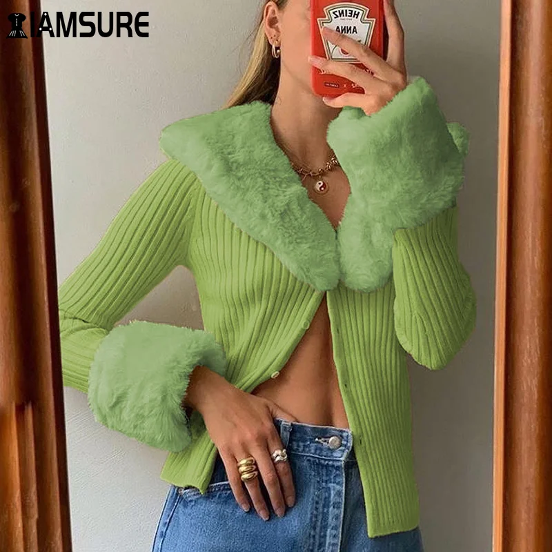 

IAMSURE Fur Collar Green Open Cardigan Button Up Ladies Sweaters Cropped Knitwear V-Neck Tight Crop Top Women 2020 Winter Korean