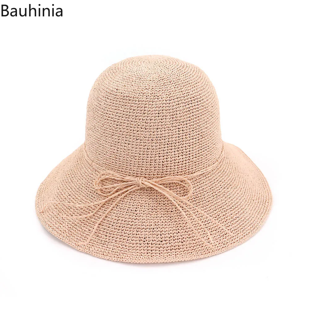 Bauhinia Ручной Работы Соломенная шляпа вязаная крючком с бантом Рыбацкая шляпа на открытом воздухе тени Складная соломенная шляпа модные аксессуары