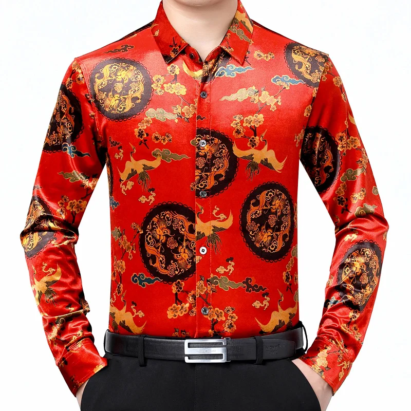 Camisa de terciopelo y seda estampada para hombre, camisa