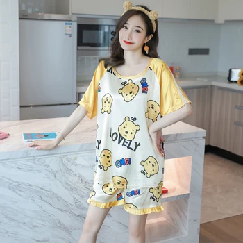 

Cartoon Women Summer Sleepwear Round Neck Short Sleeve Shorts Loose Pajama Set Casual Leisure Wear Faux Silk Satin Homewear S149