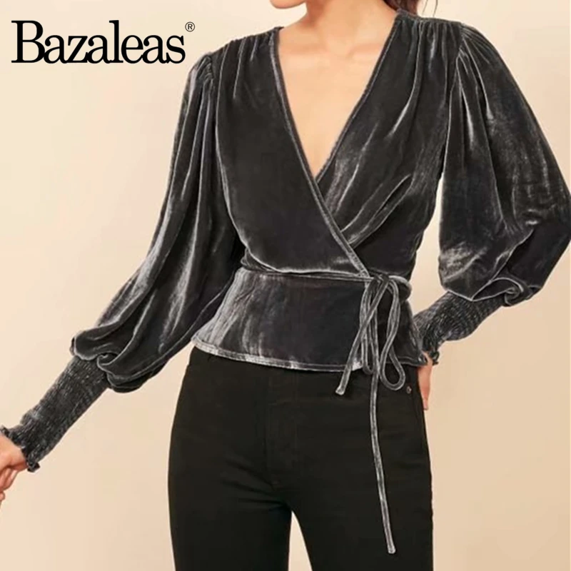 Bazaleas, винтажная женская блузка с запахом, шикарная, бархатная, серая, blusas mujer de moda,, блузка с длинным рукавом