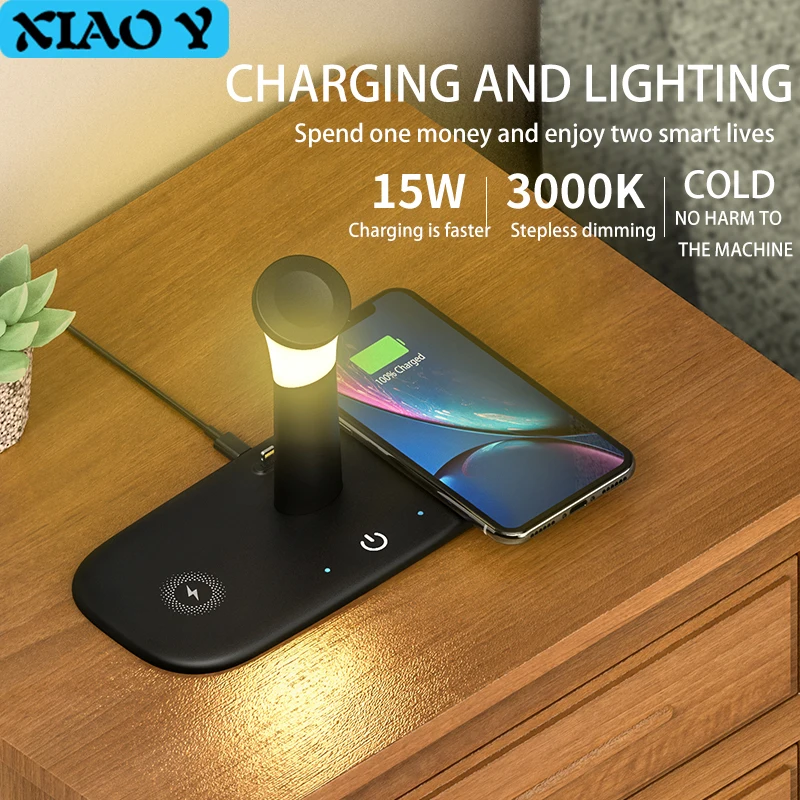 15W Qi 5 IN 1 Fast Wireless Charger For Airpods iPhone 12 11 Pro Max X XR 9 8 Mini Xiaomi Samsung Huawei Bedside Night Light
