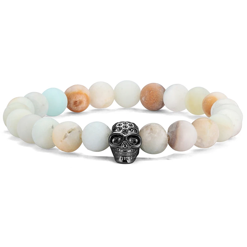 LIVVY Punk double skull design bead bracelet 4 color natural stone beaded bracelet men's bicycle bracelet jewelry