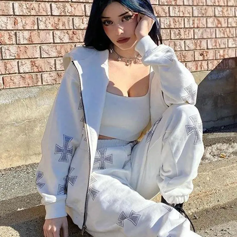 Hip Hop Rhinestone Women Long Sleeve White Gothic Zip Hoodie