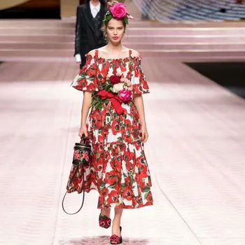 

European Grand Prix 2019 Spring and Summer zou xiu kuan Fashion Print Short-Sleeve Waist da lan mu er bian Long Dress