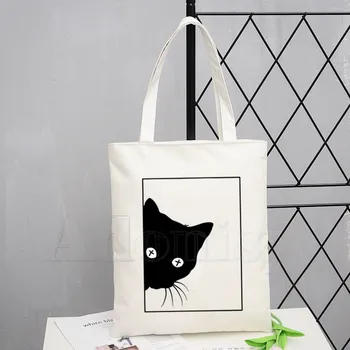 

Black Cat Graphic Cartoon Printed Canvas Shoulder Bag Female Harajuku Funny Large-capacity Eco Environmental Shopper Bag