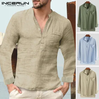 

INCERUN 2020 Men Brand Shirt Long Sleeve Streetwear Stand Collar Chic Solid Vintage Camisa Breathable Fashion Men Casual Shirts