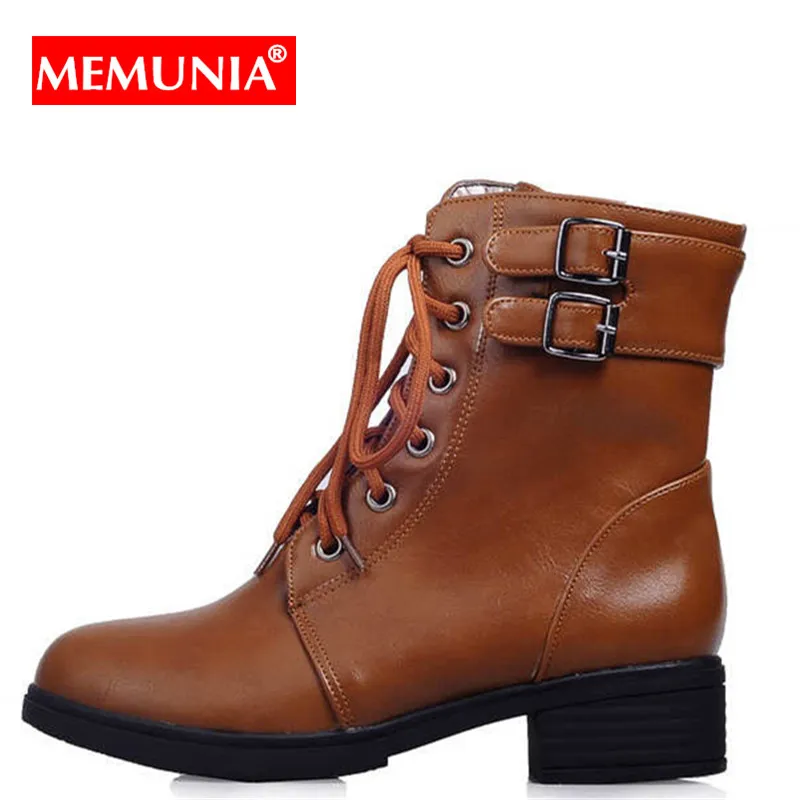 

MEMUNIA Plus size 34-43 Women boots lace up buckle square heel autumn winter shoes female ankle boots