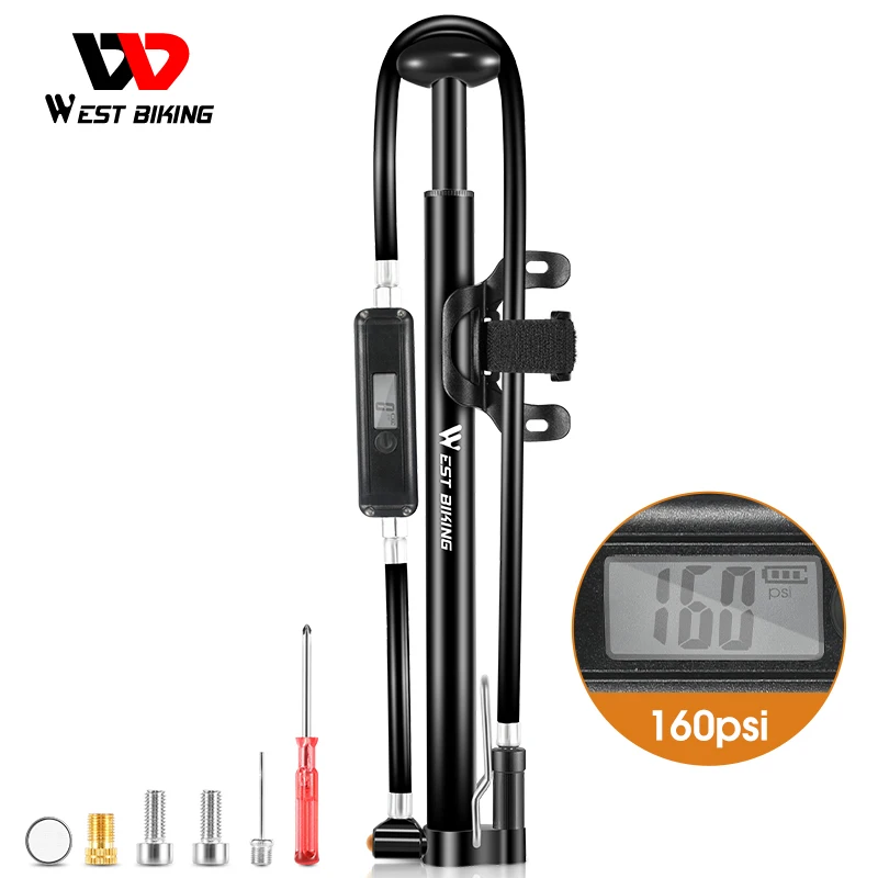 

WEST BIKING 160PSI High Pressure Bike Pump Electronic Barometer MTB Road Bicycle Foot Pump Schrader Presta Valve Cycling Pump