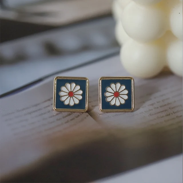 Fashion Cute Vintage Flower Enamel Square Round Glaze Hoop Earrings For Women Fashion Boucle d'oreille Brincos Jewelry square big flower