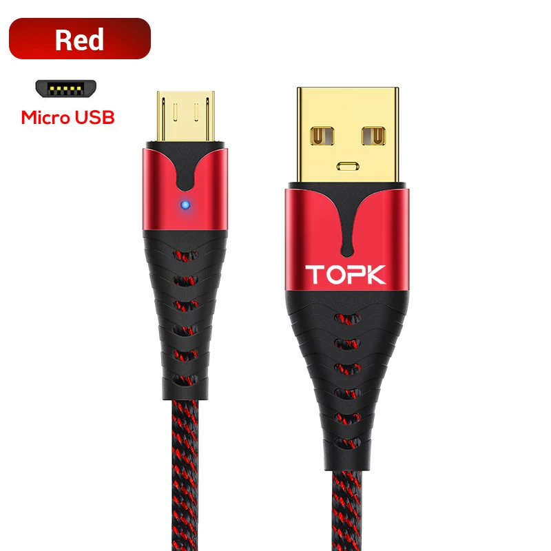 TOPK светодиодный 1 м микро USB кабель Быстрая зарядка для Xiaomi samsung huawei Android кабель для передачи данных для мобильного телефона - Цвет: Красный