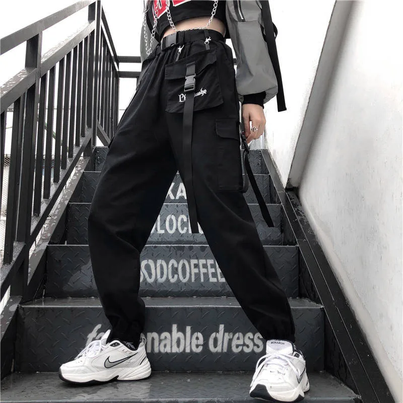 Мода Осень Женская мода женские свободные хип хоп брюки пряжка с лентой Комбинезоны женские брюки уличная Высокая уличная панковские штаны