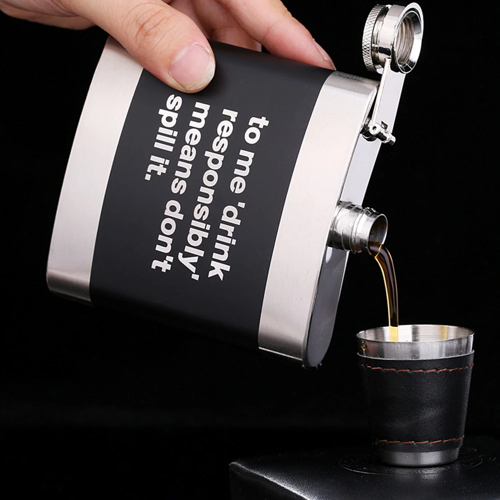 6oz Hip Flask Stainless Steel Black Laser Engraving Letters Character 170ml Portable Outdoor Whisky and Vodka Bottle Men's Gift