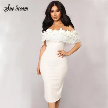 

Women'S Summer Dress White Sexy Strapless Lace Patchwork Elegant Slim Bandage Dress Bodycon Celebrity Club Party Dress Vestidos