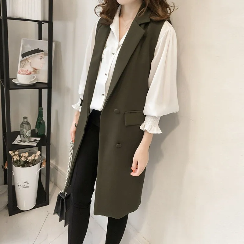 Женский жилет с отложным воротником, без рукавов, осень, с карманами, Длинный блейзер, куртка на пуговицах, Тренч, пальто размера плюс