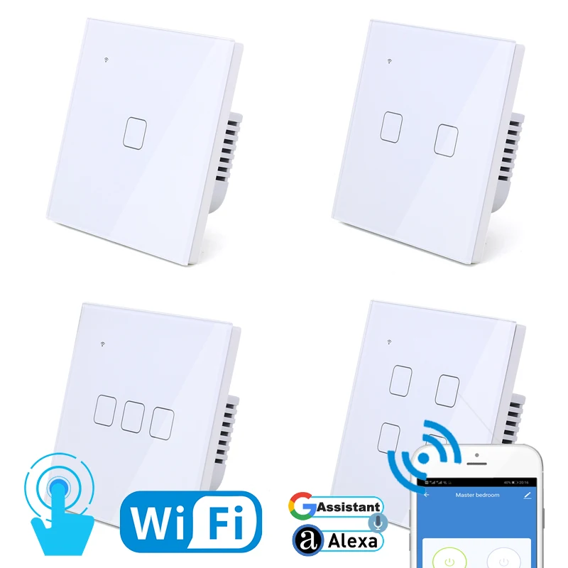 WI-FI сенсорный светильник настенный выключатель Белый Стекло Панель синий светодиодный штепсельная вилка стандартов ЕС и Великобритании универсальное автомобильное зарядное устройство с домашний телефон Управление 4 Gang 2 Way квадратный реле