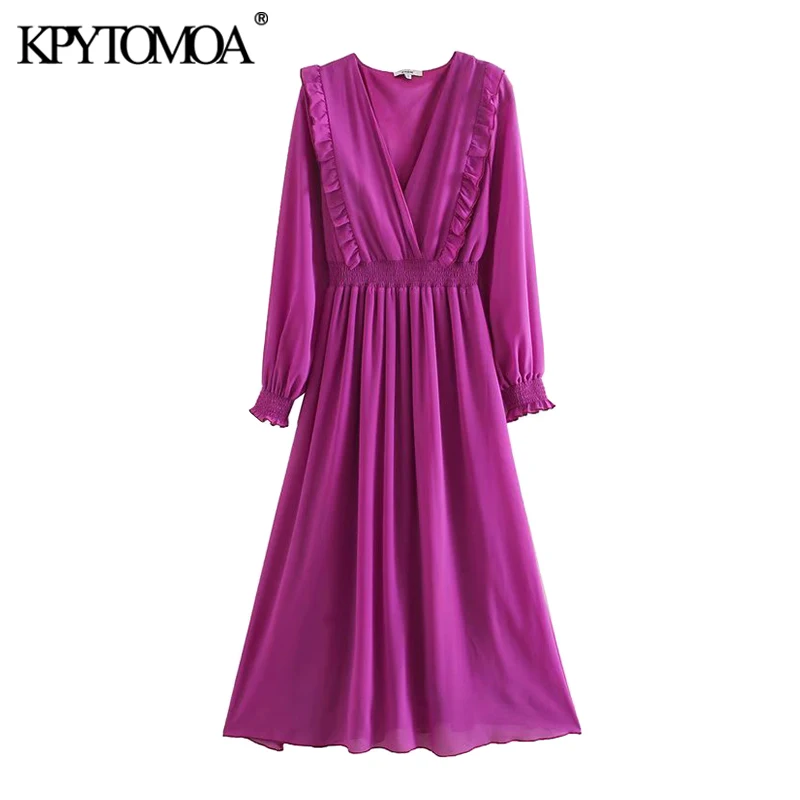 KPYTOMOA Women 2020 Chic Fashion Ruffled Pleated Midi Dress Vintage V Neck Long Sleeve Elastic Waist Female Dresses Vestidos KPYTOMOA Women 2020 Chic Fashion Ruffled Pleated Midi Dress Vintage V Neck Long Sleeve Elastic Waist Female Dresses Vestidos